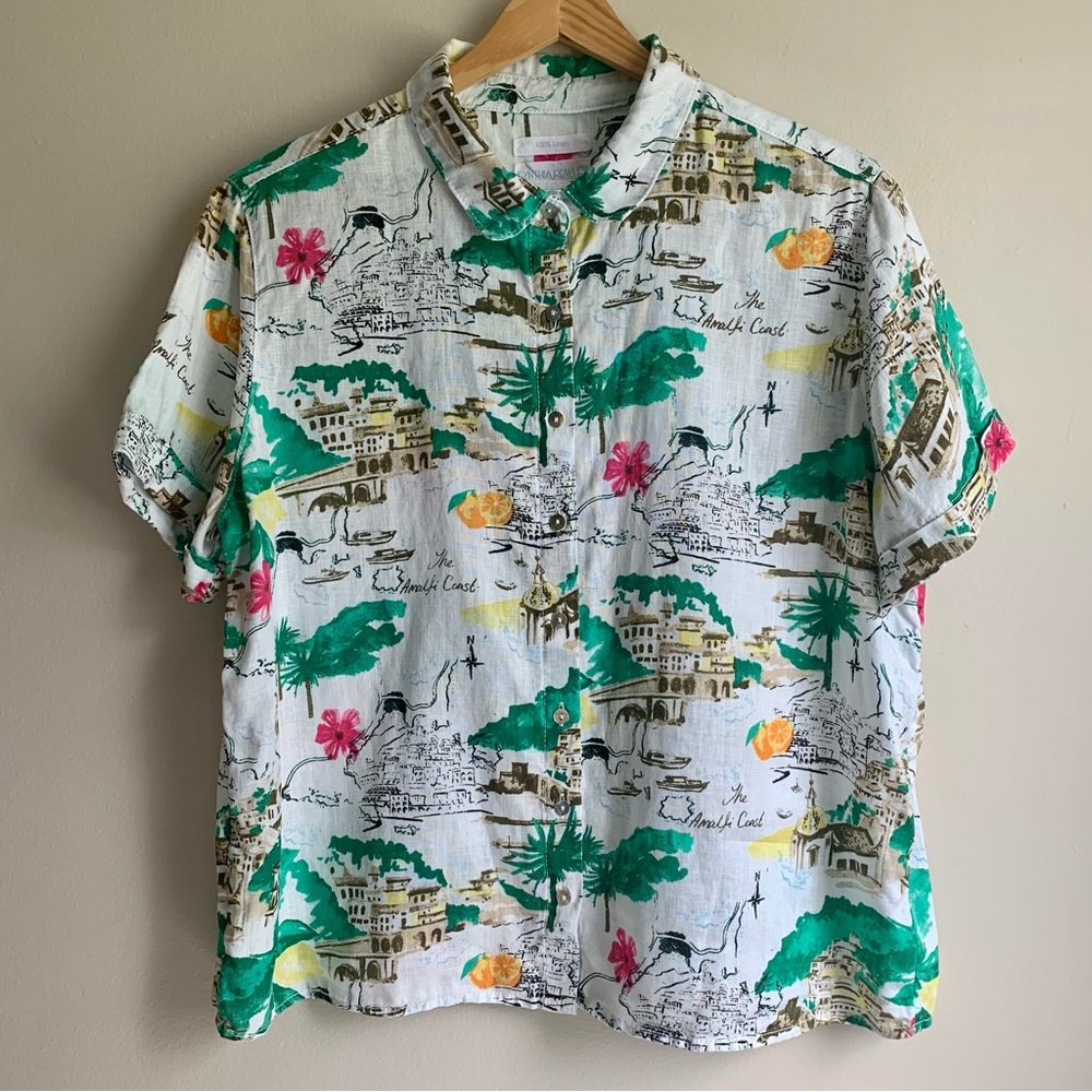 Cynthia Rowley Linen Amalfi Coast Short Sleeve Button Down Shirt Blouse Top Sz M